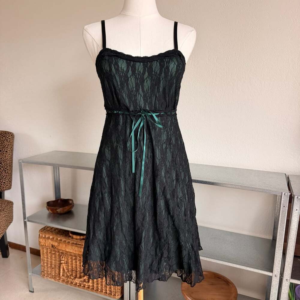 Cosmic Aura Black & Green Lace Slip Dress